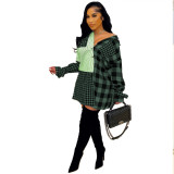 Plaid sanding stitching single breasted sleeves tie shirt dress