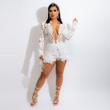 2021 autumn winter women's fashion sexy deep V lace hollow out long sleeve solid color two-piece set