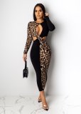 2021 autumn winter new women's long sleeve leopard cut-out stitching dress