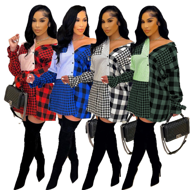 Plaid sanding stitching single breasted sleeves tie shirt dress