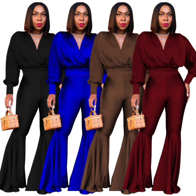 2021 autumn winter fashion leisure solid color sexy V-neck top big horn pants two-piece suit