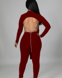 Solid color sexy open back irregular long sleeve two-piece suit with chain