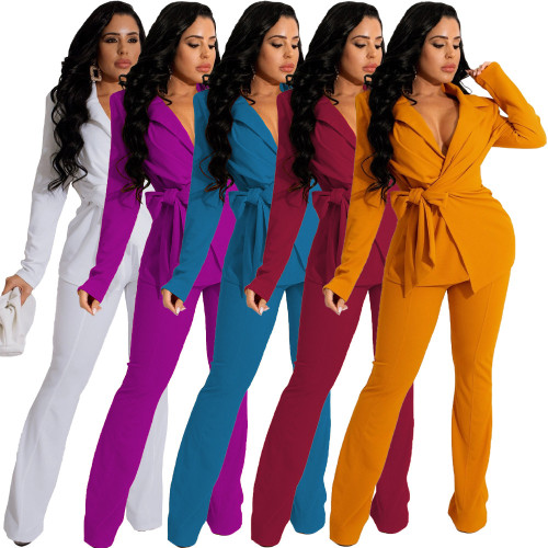 2021 autumn winter solid color fashion V-neck women's two-piece set