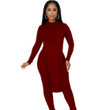 Solid color sexy open back irregular long sleeve two-piece suit with chain