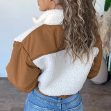 2021 autumn and winter women's clothing contrast color splicing lamb wool Lapel cardigan short coat Street trendsetter