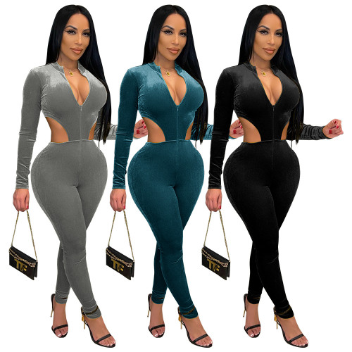 2021 autumn and winter fashion new sexy zipper long sleeve hollow Jumpsuit