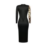 2021 autumn winter new women's long sleeve leopard cut-out stitching dress