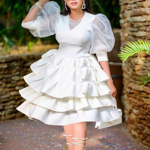 Autumn and winter 2021 large women's dress high waist temperament white bubble sleeve cake fluffy dress dress