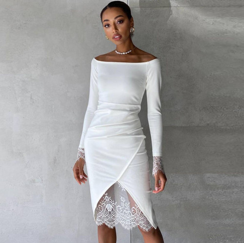 2021 autumn new solid off shoulder Lace Long Sleeve Dress