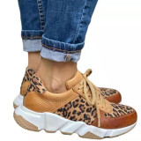 Large size casual lace-up single shoes color matching leopard round toe casual women's shoes