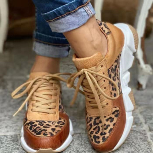 Large size casual lace-up single shoes color matching leopard round toe casual women's shoes