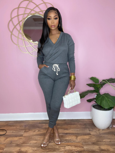Casual sweater solid color V-neck ladies jumpsuit