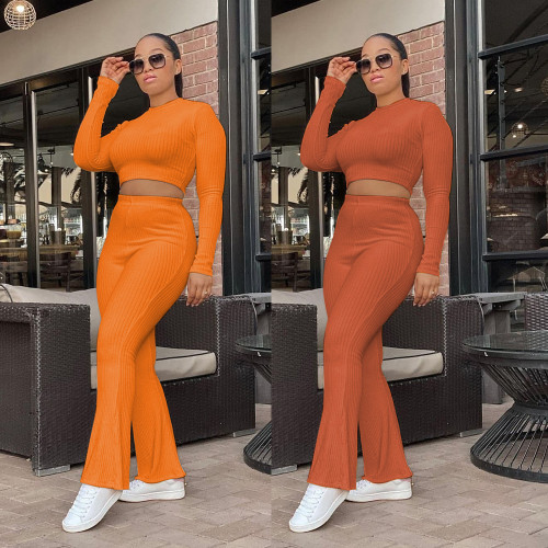 2021 autumn and winter solid color fashion casual sexy open Waist Sports two-piece set