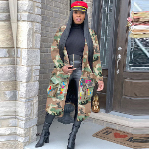 2021 autumn and winter women's wear medium and long casual fashion camouflage printed pasted cloth coat military coat