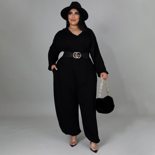 Round neck casual loose solid color sexy large size wide leg pants jumpsuit