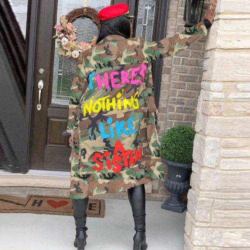 2021 autumn and winter women's wear medium and long casual fashion camouflage printed pasted cloth coat military coat