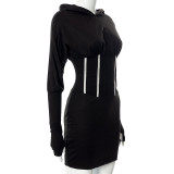 Autumn and winter solid color thread stitching waist pullover hooded dress