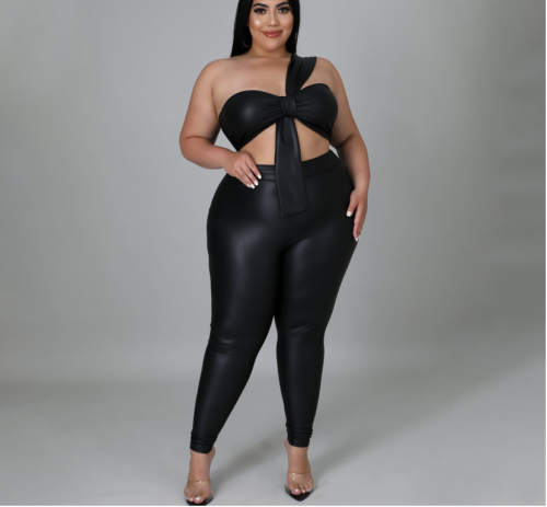 2021 plus size women's high elastic leather tight-fitting hip sexy two-piece suit