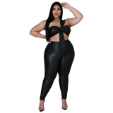 2021 plus size women's high elastic leather tight-fitting hip sexy two-piece suit