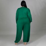 Round neck casual loose solid color sexy large size wide leg pants jumpsuit