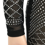 2021 autumn winter diamond mesh sexy nightclub V-Neck long sleeve zipper skirt dress