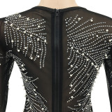 2021 autumn and winter new nightclub hot drill mesh perspective zipper long sleeve middle skirt dress