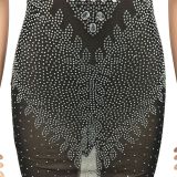 Sexy nightclub hot drilling mesh see-through irregular skirt dress
