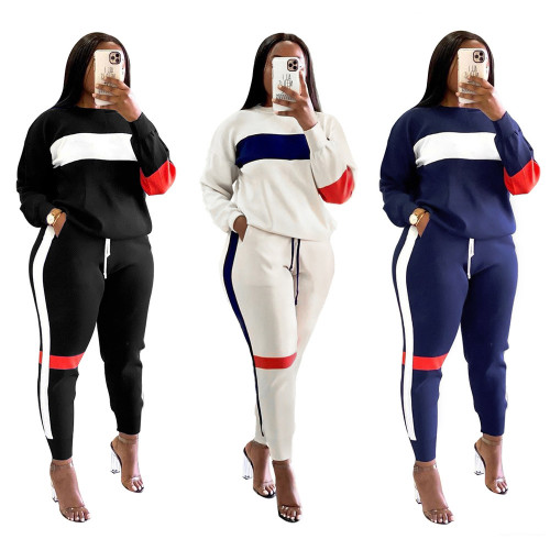 Plus size women's sweater stitching striped suit sports long-sleeved casual two-piece suit