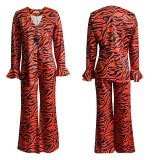 Autumn and winter zipper sexy V-neck printing casual fashion two-piece suit