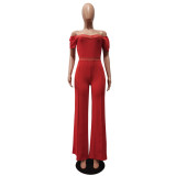 Spring 2022 one line collar, strapless, bubble sleeves, open line decorative Jumpsuit