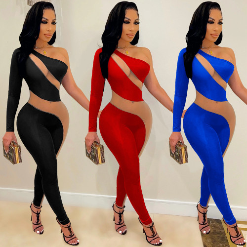 Round neck one-shoulder long-sleeved trousers contrast color see-through zipper jumpsuit