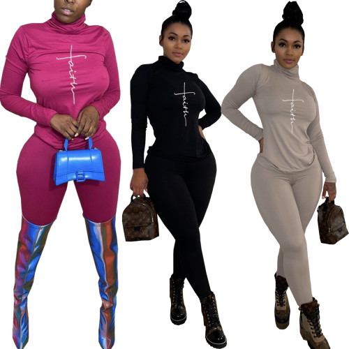 2021 sports tight letter print autumn winter long sleeve high neck women's suit