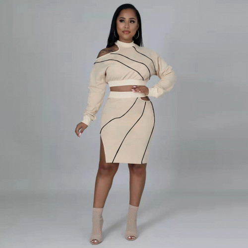 2021 autumn and winter nightclub clothes reverse thread hollowed out split round neck skirt two-piece set