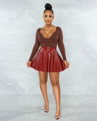 2021 autumn winter sexy solid PU leather swing women's skirt Mini Skirt