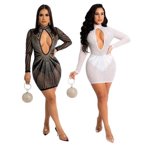 2021 autumn and winter fashion long polyester mesh hot drill chest hollowed out sexy nightclub party dress without underwear