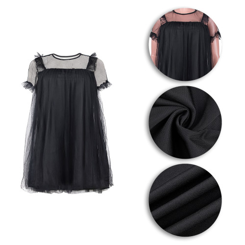 Spring and summer 2022 new women's round neck short sleeve mesh perspective dress with inner lining