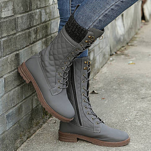 2021 solid color snow boots autumn and winter women's mid-tube flat-heel lace-up round toe Martin boots