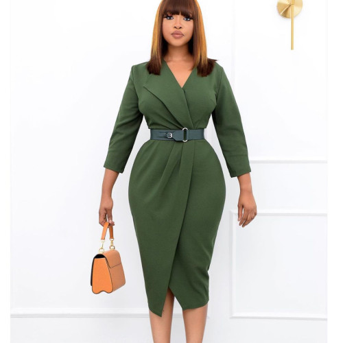 2022 spring V-neck solid color bag hip professional fashion plus size dress