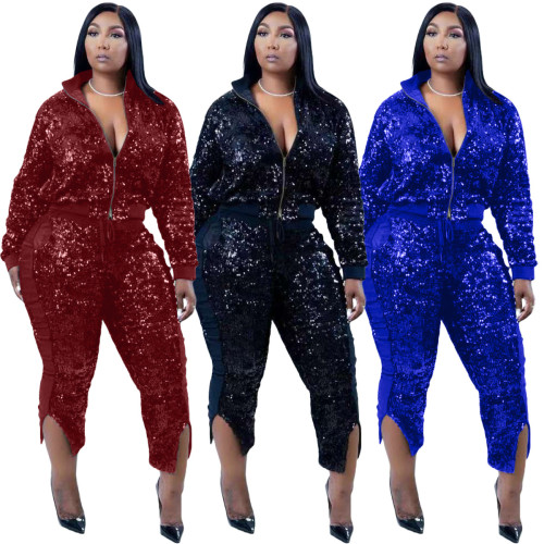 Gold velvet inlaid sequins stitching casual fashion two-way zipper cropped pants two-piece suit