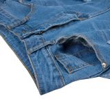 Temperament commuter fringe personalized trousers with wood ears ripped blue jeans