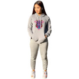 Fashion and leisure printed sports hooded suit two-piece suit