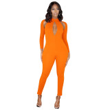 Autumn and winter solid color long-sleeved hidden form zipper sexy hip-lifting hollow jumpsuit
