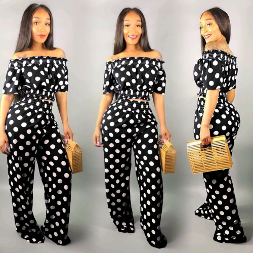 Spring and summer fashion new one-neck polka-dot two-piece wide-leg pants