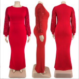 Winter 2021 plus size women's dress with beaded sleeves