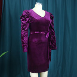 V-neck long-sleeved slim bag hip skirt strappy velvet party evening dress