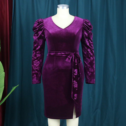 V-neck long-sleeved slim bag hip skirt strappy velvet party evening dress