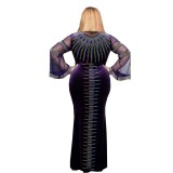 Plus size women's high-waist heavy industry hot drilling flannel round neck flared sleeve long dress