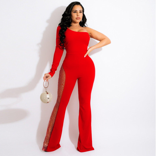 Sexy one-shoulder long-sleeved rhinestone jumpsuit