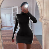 Spring and autumn pullover slim-fit temperament commuter mid-waist solid color short skirt tight-fitting long-sleeved dress