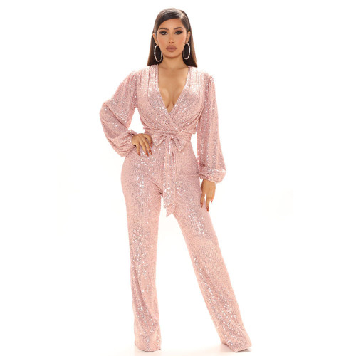 Autumn high-end women's sequined deep V-neck long-sleeved jumpsuit